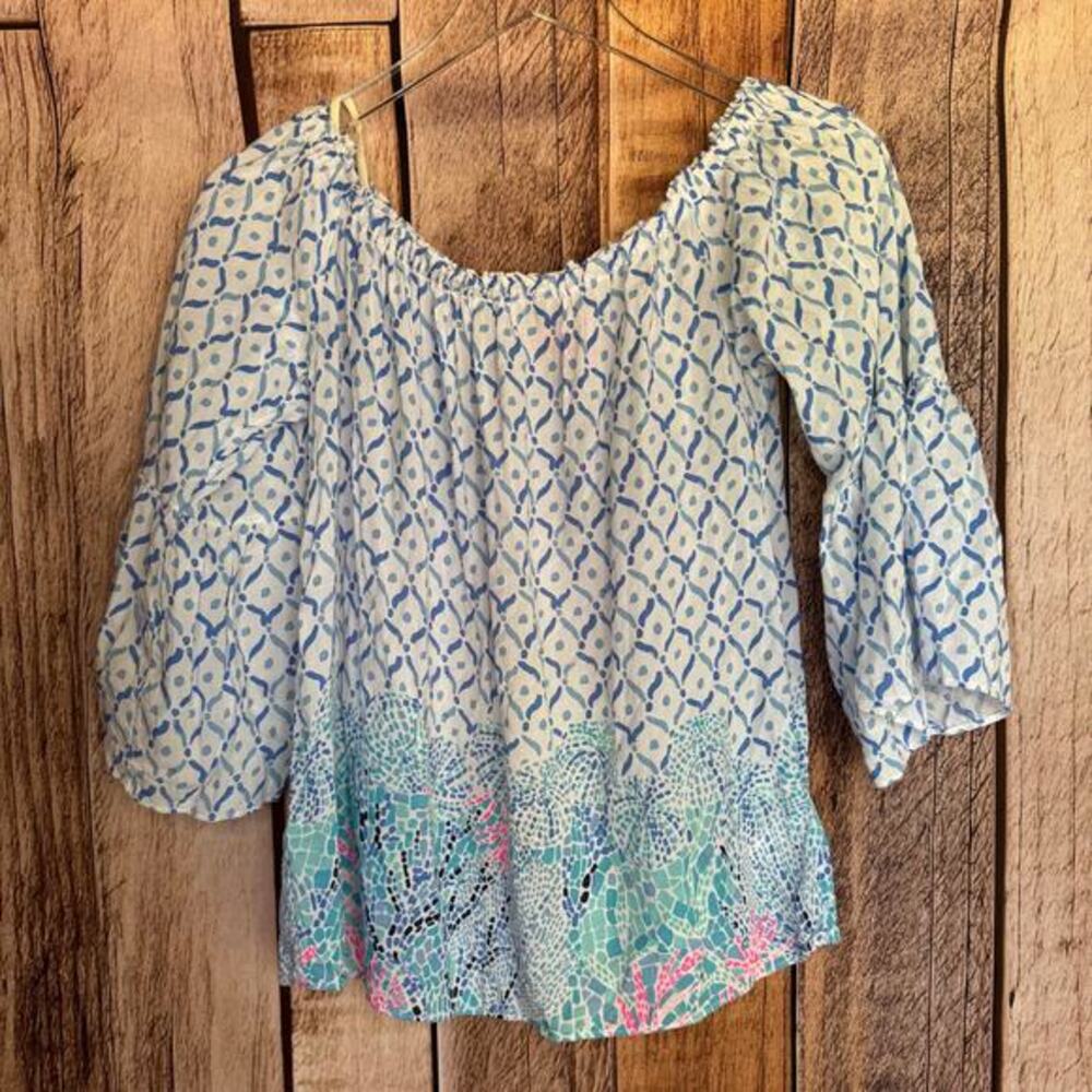 Lilly Pulitzer Nevie Off Shoulder Top Sea La Vie Blue Boho Resort Blouse Small‎